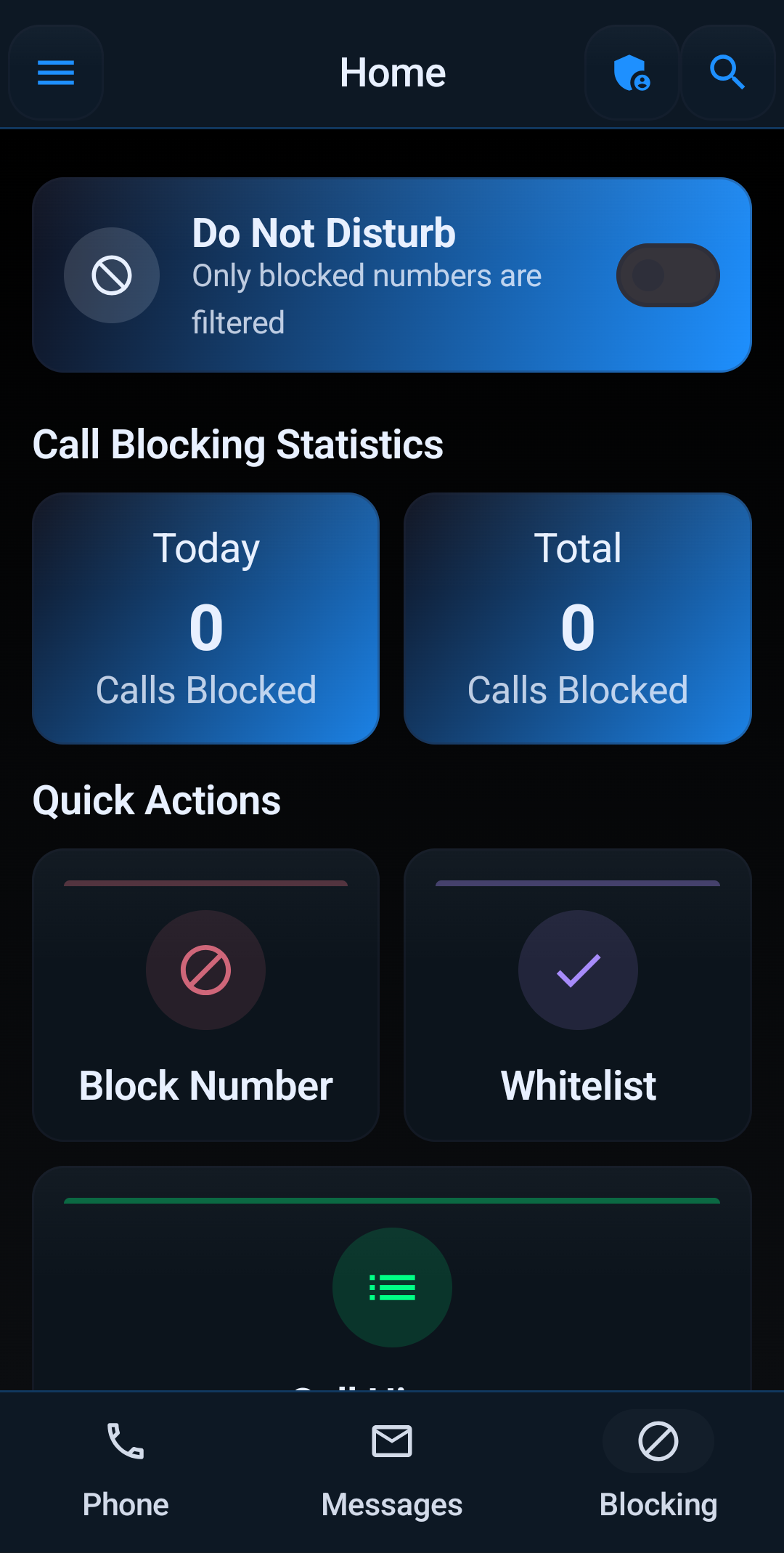 Block Guard spam call blocker dashboard on Android showing protection status and blocked calls