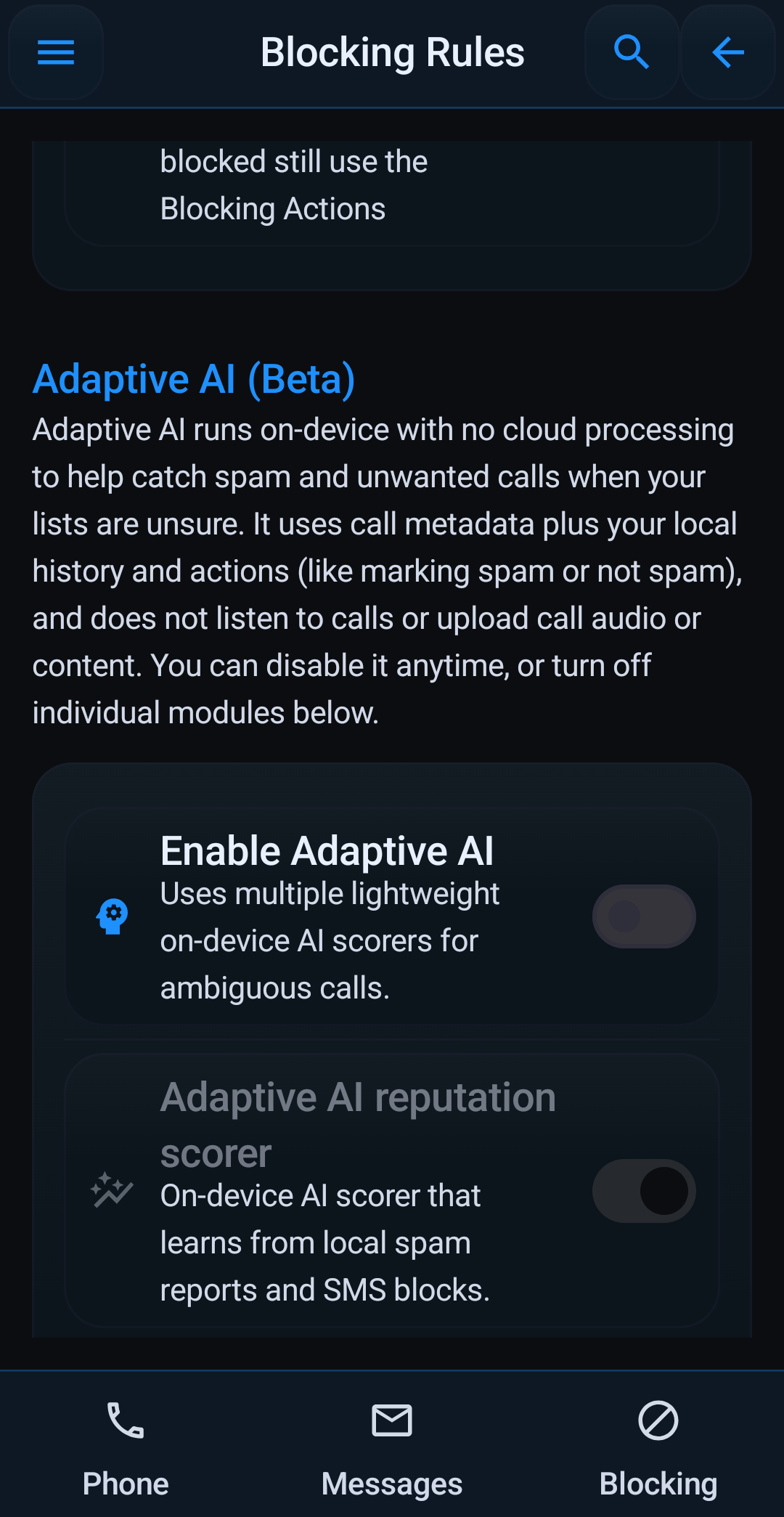 Block Guard Android settings for whitelists, unknown callers, spoofing rules, and SMS filtering
